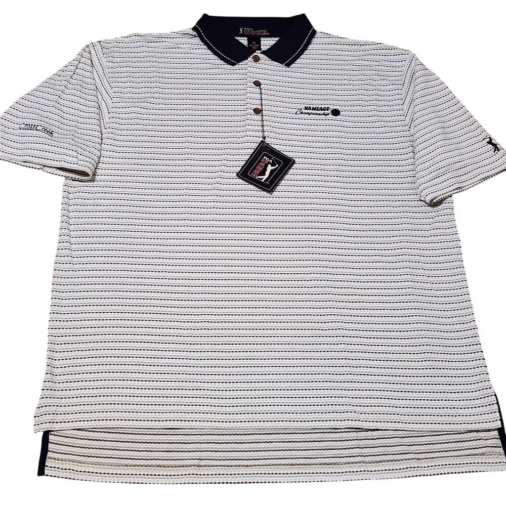 PGA TOUR Polo Shirt Mens XL Black Stripe Cotton Golf Vantage Championship
